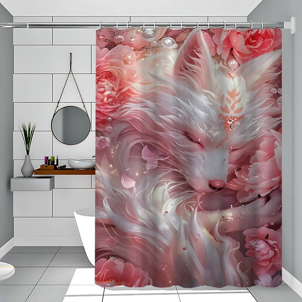 Fantasy Mystical Sakura Nine Tailed Fox 1PC Printed Shower Curtain Waterproof Washable With 12 Hooks Bathroom Shower Home Use