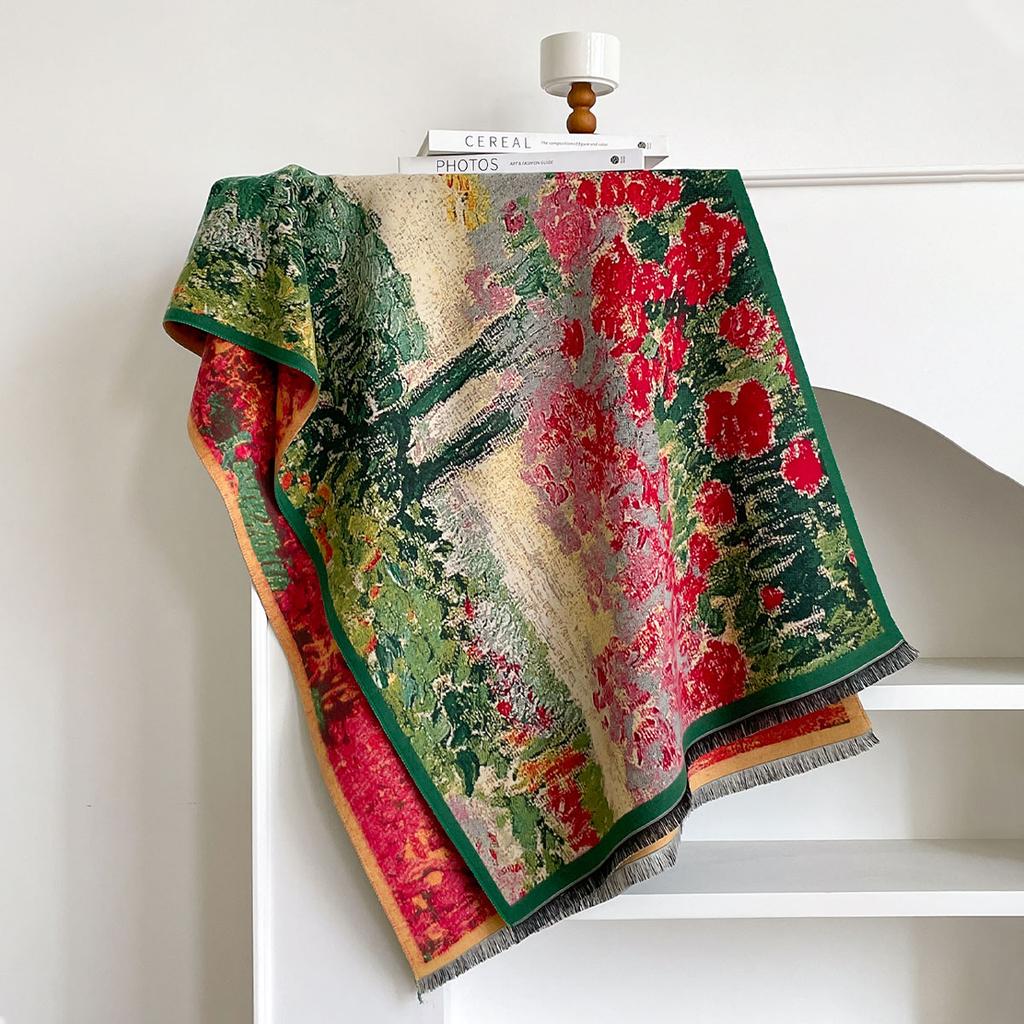 Écharpe Chaude en Cachemire Femme Châle Floral Peinture à l'Huile Nouveaux Enveloppements Luxe Épaisse Couverture Hiver Bufanda Pashmina Féminine Écharpes de Voyage