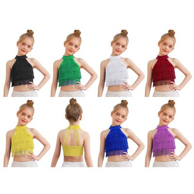 Meisjes Salsa Latin Dans Kostuum Franje Crop Top Mouwloos Strappy Rug Gelaagd Kwastjes Vest