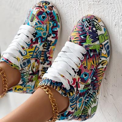 Kolorowe Buty Pops Damskie Jesień Nowy Nadruk Graffiti Duży Rozmiar Casualowe Pojedyncze Buty Damskie