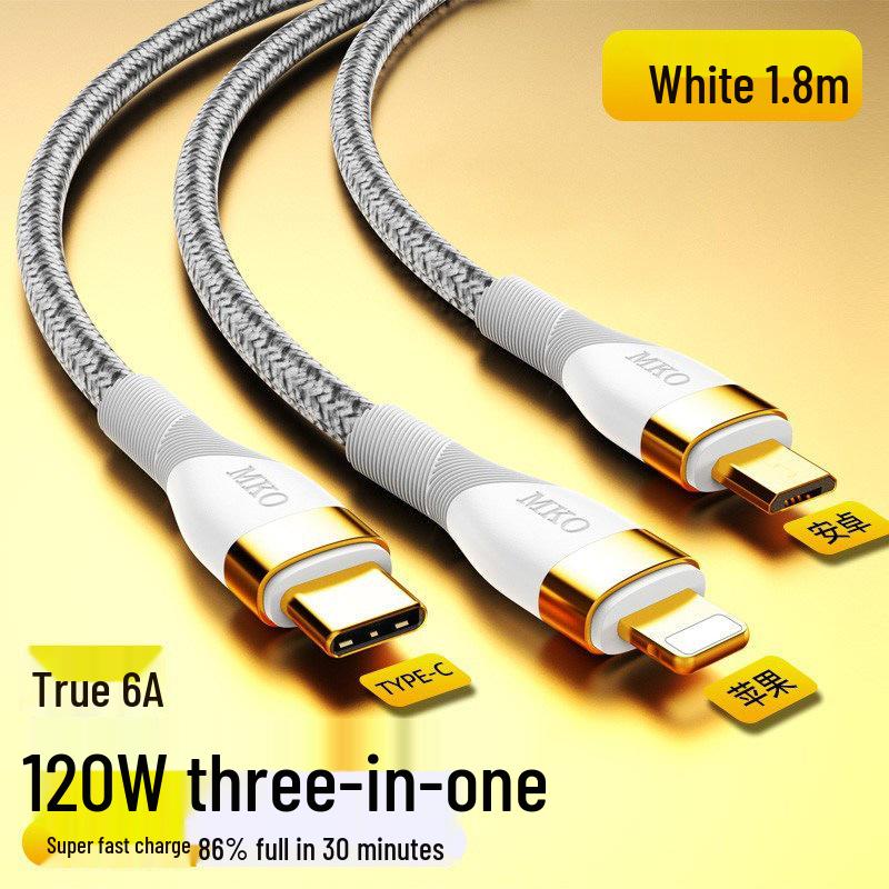 66W 3-in-1 Data Cable: Fast Charging 120W 6A for Apple, Huawei, and More