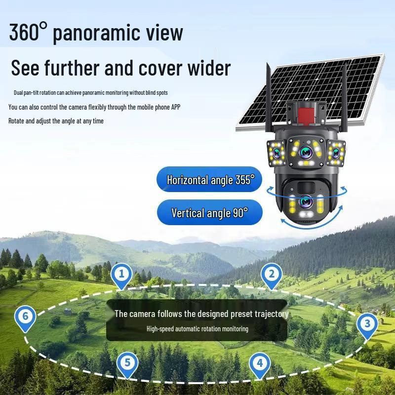 Three-Screen Solar-Powered Waterproof Outdoor Camera with 360° Panoramic View and Humanoid Detection