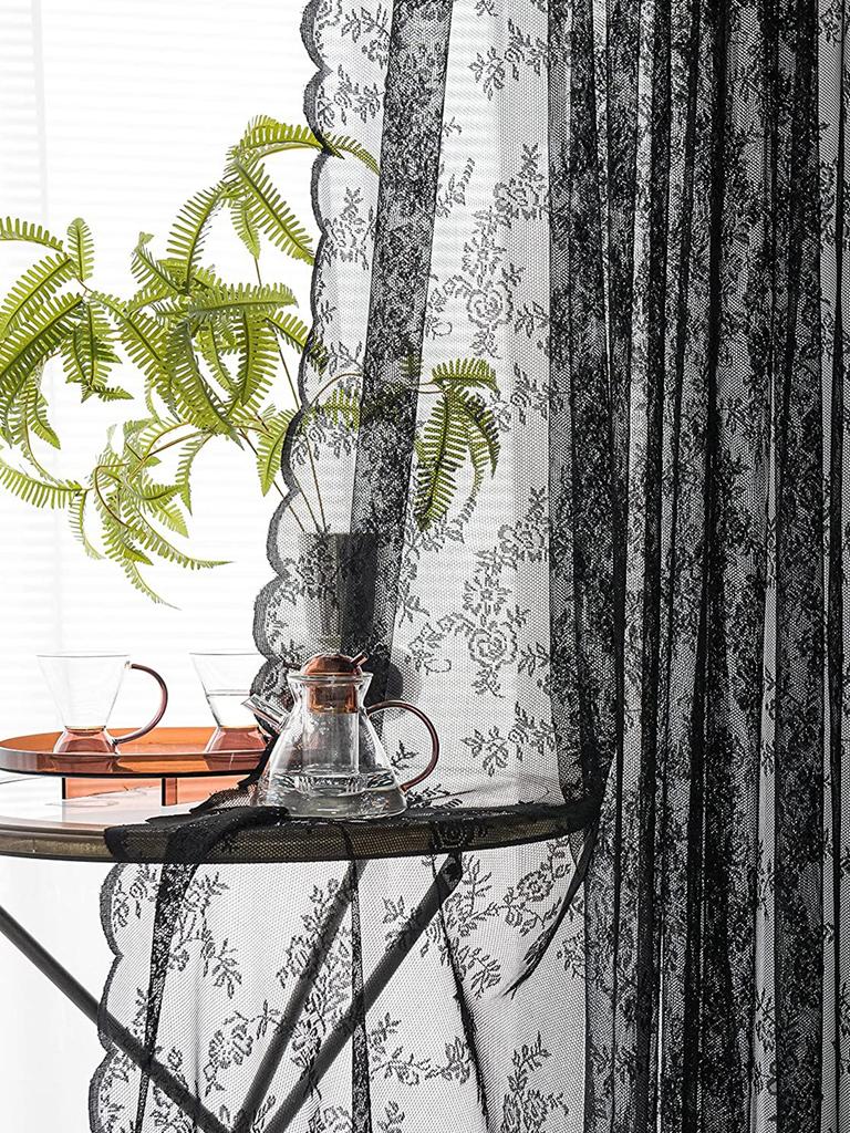 1pc Rose Pattern Single Panel Sheer Curtain, Black Embroidered Lace Curtains for Home Decor