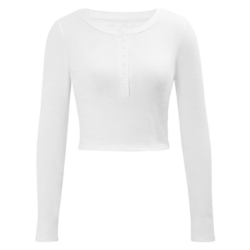 Spring Autumn Women Knit Skinny Casual Crop Tops Femme Vintage Front Buttons Slim Fit Pullover Chic T shirt
