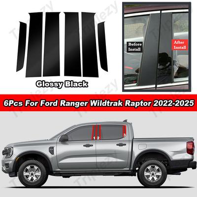 6 Stück Glänzende Klavierschwarz/Kohlefaser Auto Säulenabdeckung Türverkleidung Fensteraufkleber Für Ford Ranger Wildtrak Raptor -2025