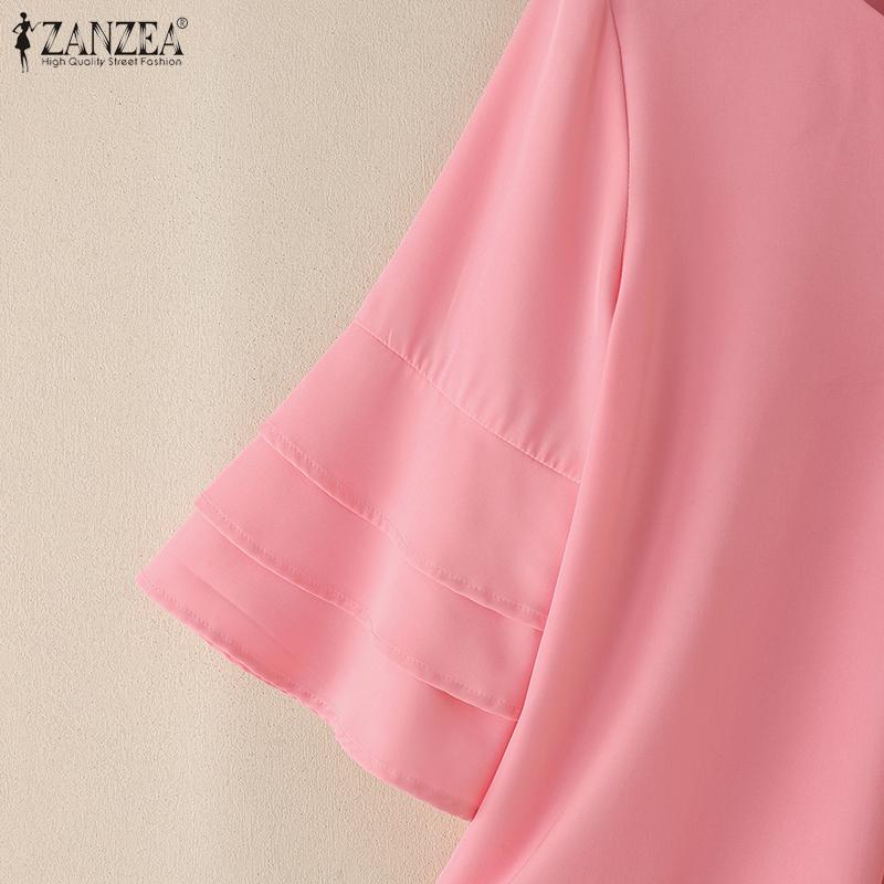 ZANZEA Women Casual Round Neck Ruffles 3/4 Sleeve Loose Blouse