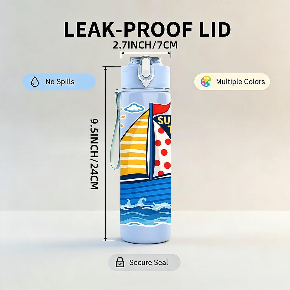 1PC Sailboat Ocean Sunny Scene Print 750ml Color Plastic Sports Water Bottle Leakproof Flip Straw Lid Suitable for Sports Office Home Use