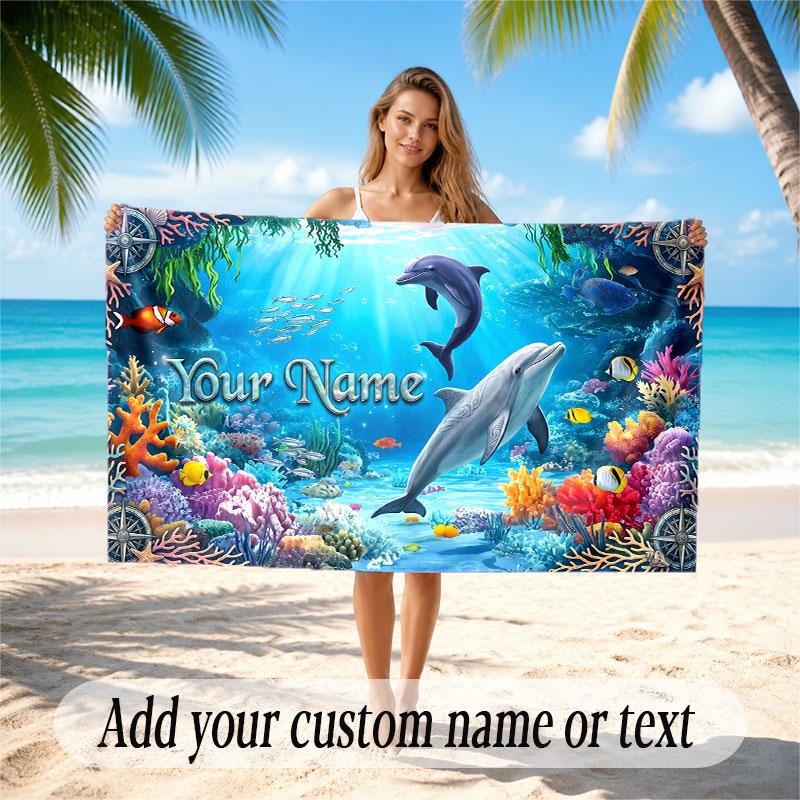 Fish Ocean Theme Beach Towel Personalized Custom Name & Text Soft Quick Dry Beach Towel for Swimming Travel