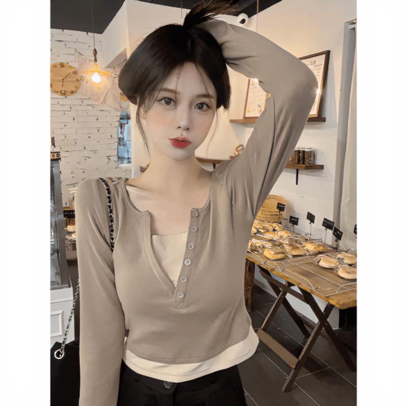 High-end tight and thin collar fake two-piece long-sleeved shirt women's autumn sweet and spicy bm style inner top