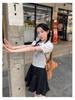 Women's Gray Peter Pan Collar Knit Top – Short-Sleeve, Summer, Fashionable Two-Piece Design