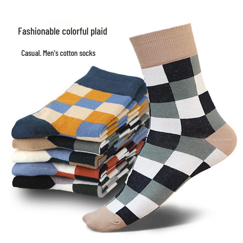 Men's Fashion Plaid Cotton Socks - Casual Business Autumn/Winter Style, British Trendy Mid-Calf, Colorful Design