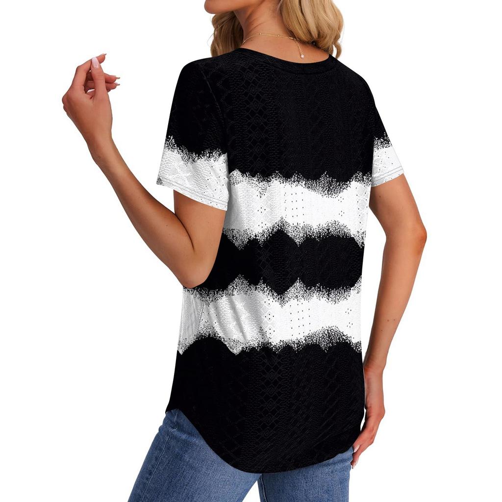 Dámská trička s výstřihem do V, s krátkým rukávem, ležérní topy, volný střih, základní trička se zakulaceným lemem