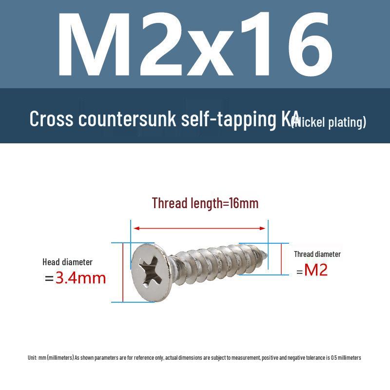 YiguYigu Nickel-Plated Phillips Flat Head Self-Tapping Screws M1-M5, Carbon Steel