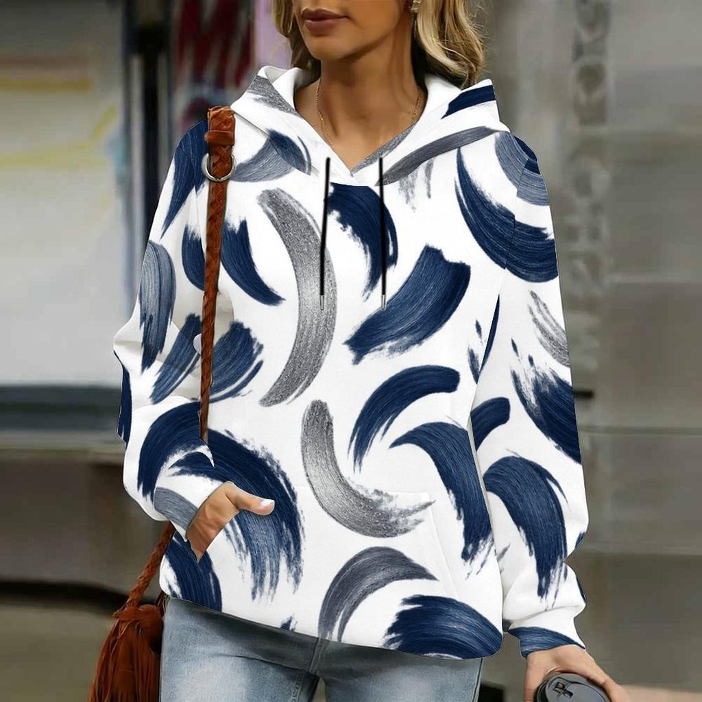 Women Plus Size White Blue Gray Printed Long Sleeve Drawstring Hood Kangaroo Pocket Pullover Hoodie
