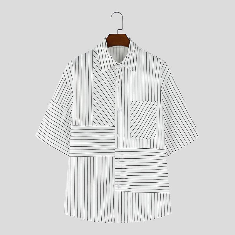 

INCERUN Oversized Men Lapel Neck Short Sleeve Striped Casual Loose Shirts 2XL белый