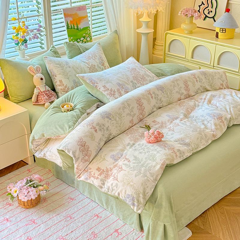 

Fall/Winter New Printed Small Fresh Style Milk Fleece Bed Sheet Four-Piece Set Set Student Dormitory Three-Piece Set 1.2m sheet 3pcs