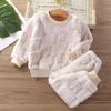 Autumn and Winter New Flannel Children's Pajamas Boys Plush and Thickened Home Clothing Girls Solid Color Warm Underwear Set