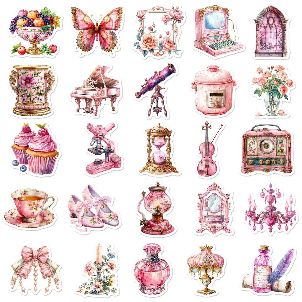50 Pink Objects Retro Girl Heart Stickers Diy Handbook Luggage Notebook Helmet Stickers Waterproof Stickers