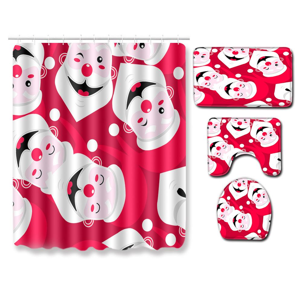 Christmas Shower Curtain Floor Mat Combination Four-Piece Set Bathroom Toilet Carpet Shower Room Mat Foot Mat