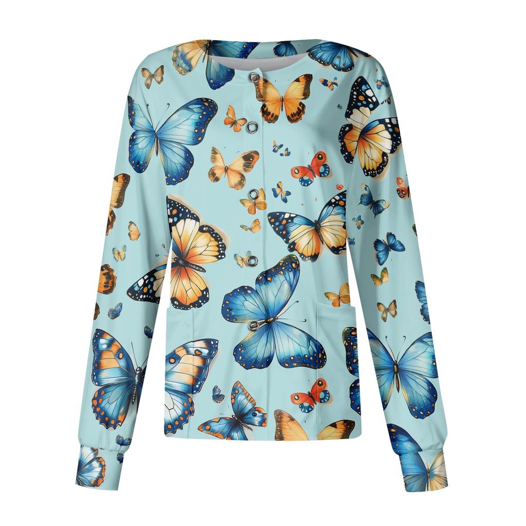 Women Long Sleeve Casual Cardigan Floral Print Button Front Lightweight Open Front Workwear Top