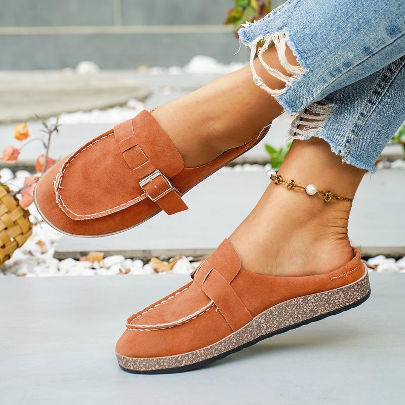 Round Toe Deep Mouth Metal Buckle Wrapped Slippers Winter New Scrub Suede Non-Slip Flat Half-Slip