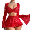 European & American Sexy Red Heart Lingerie Set: Sheer Bra, Short Skirt & Thong