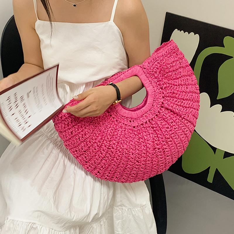 Sommerhalm Kvinner Half-moon Beach Handbag Rattan Håndlaget håndtak Mote Kintted Tote Bag