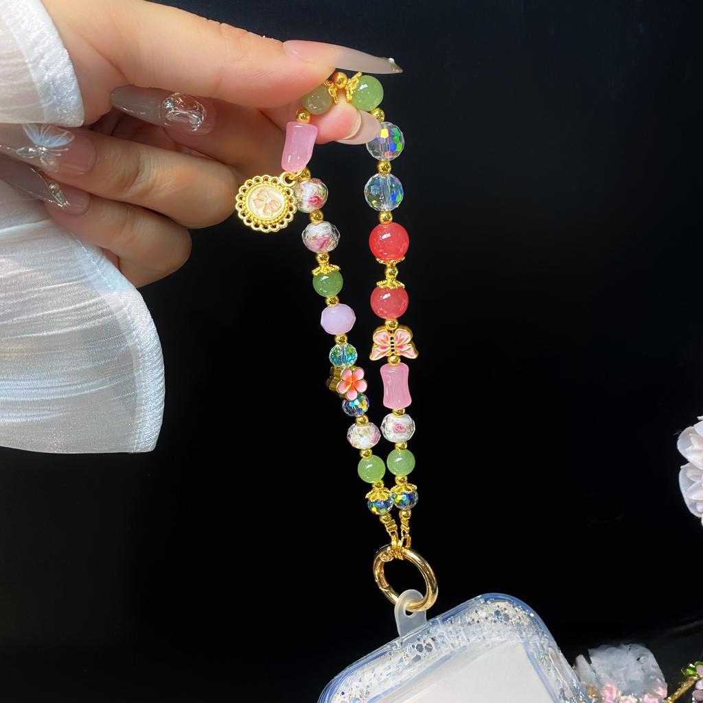 Chinesischer Stil High-End Kristallperlen Handkette Handgelenk Kurzer Riemen mit Spacer Legierung Floral Schlüsselanhänger Taschenanhänger