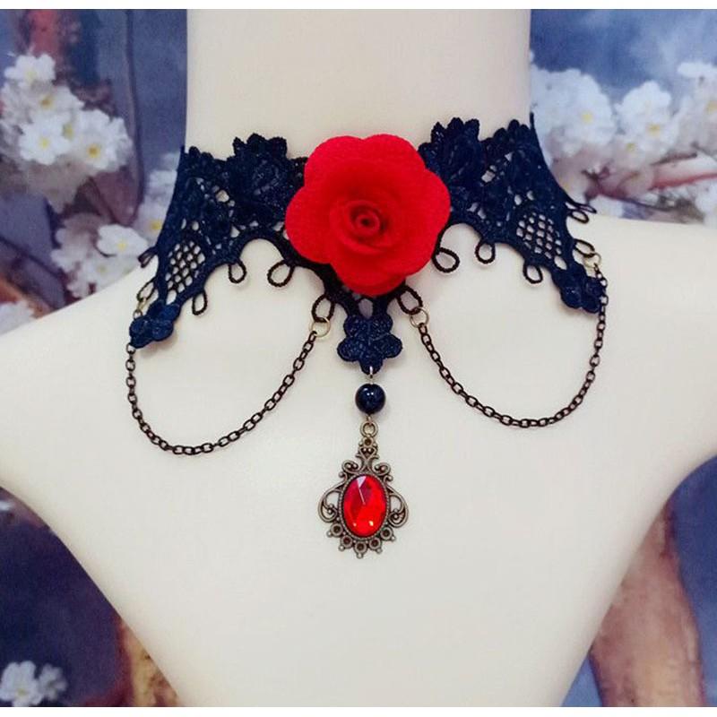 Gothic Lace Choker Necklace Women Minimalist Black Punk Collar Chain With Floral Snake Alloy Pendant