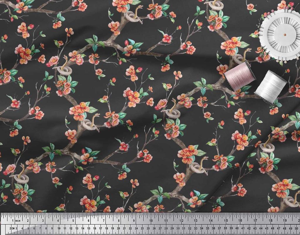 Soimoi Japonská krepová saténová látka Had, listy a květy, květinový potisk v metrech 42 palců