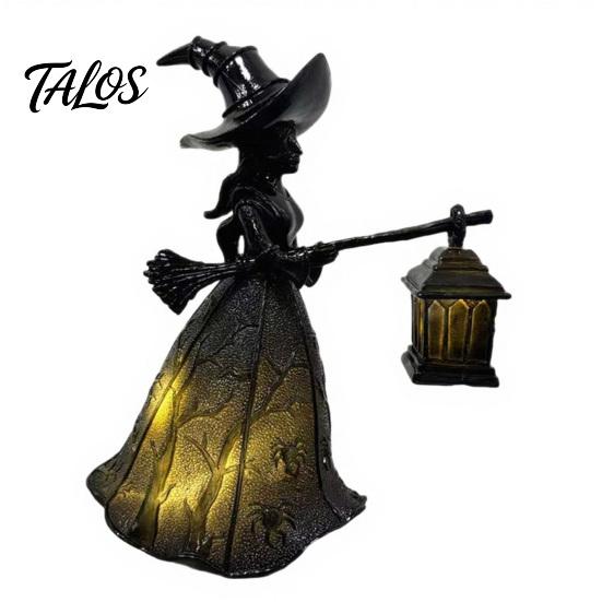Gothic Halloween Decorations Witch Holding Lantern Light, with Spider Web Pattern Decor, Vintage Style Resin Glowing Sculpture, for Indoor And Outdoor