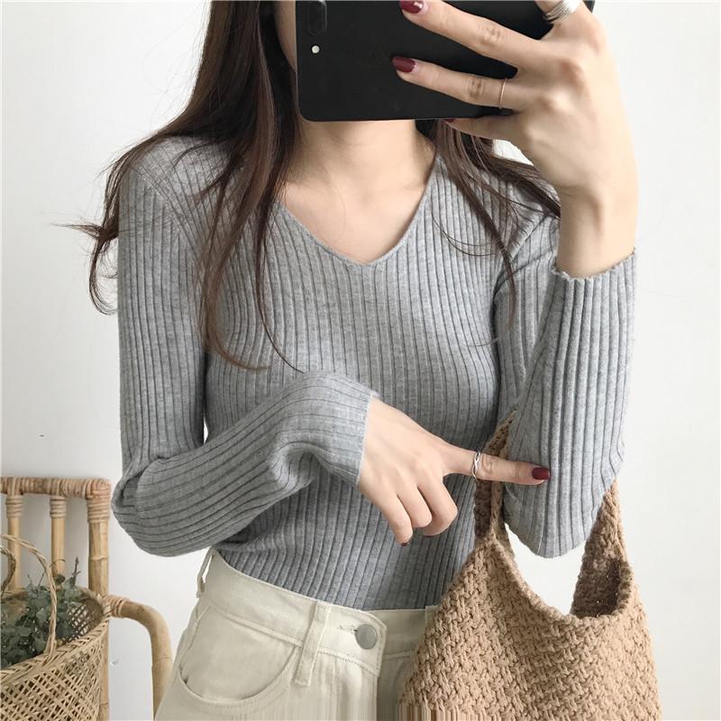 Herbst Neu Langarm V-Ausschnitt Pullover Basis Pullover Damen Winter Slim Fit Casual Strickpullover Damen Mode Kleidung Casual Uni Strickwaren 25285