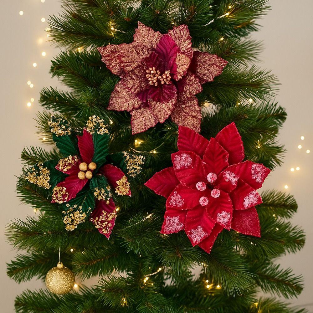 Large Glitter Artificial Christmas Flower Beautiful Handmade Christmas Poinsettia Flocking Xmas Tree Ornaments Party Supplies