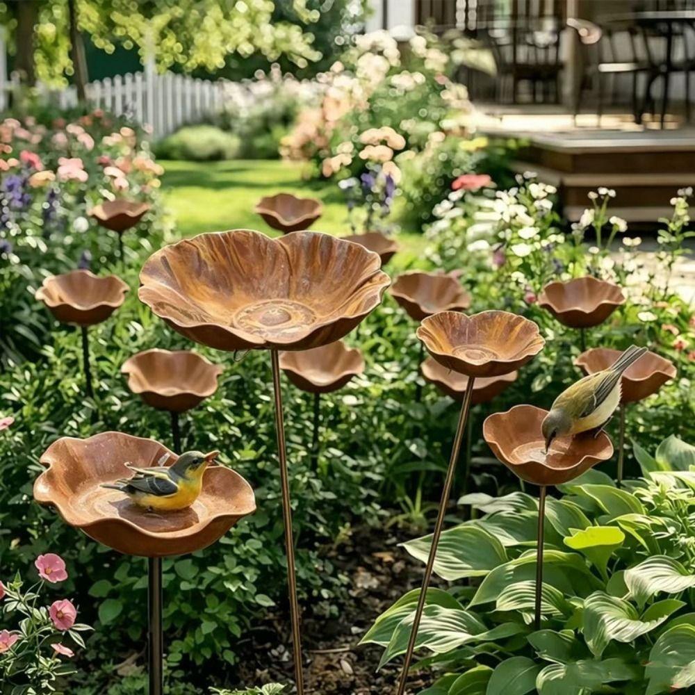 2/3PCS Rusted Red Bird Bath Metal Lotus Decorative Ground Stake Bee Watering Station Garden Decor