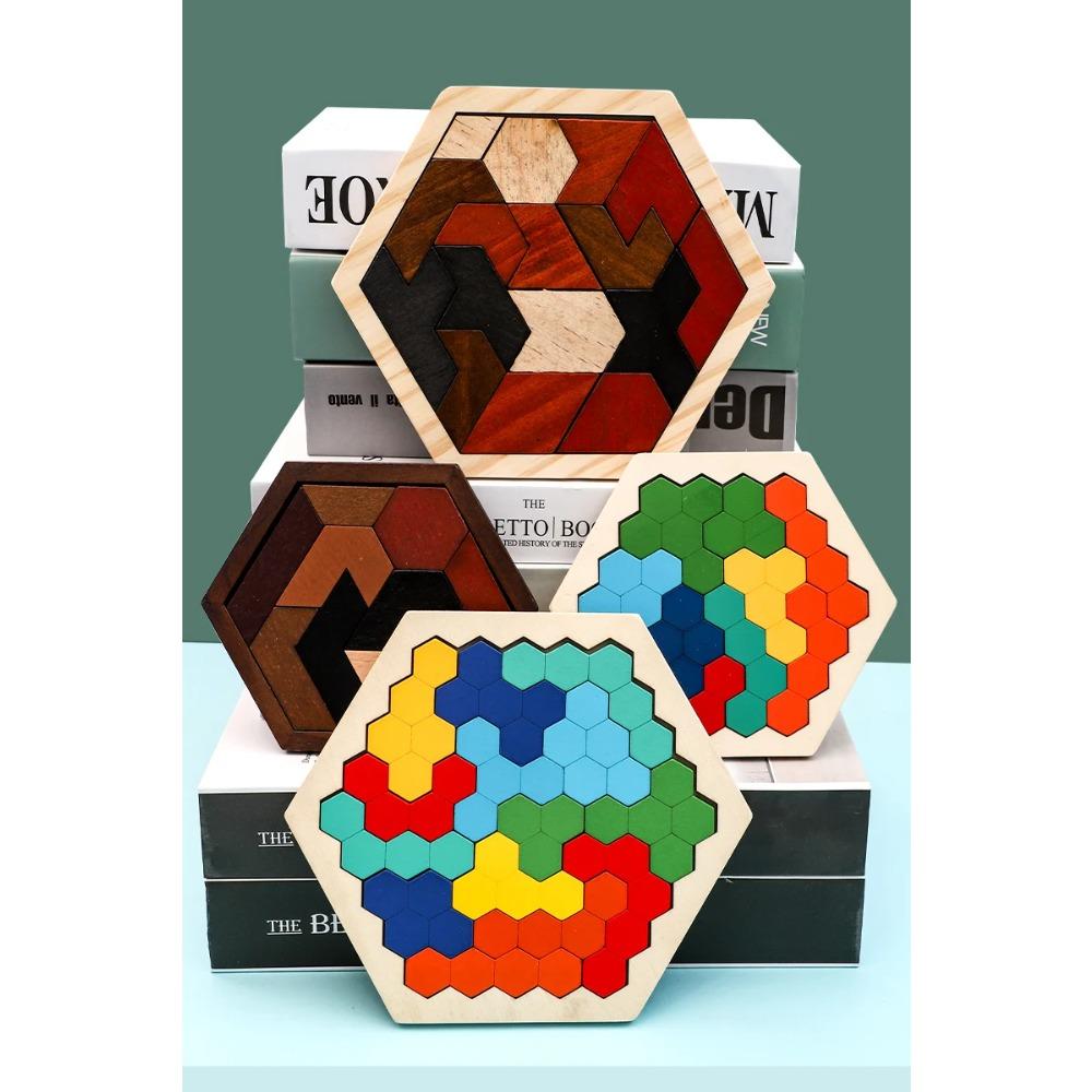Sechseckige Holzpuzzles, Lernspielzeug für Kinder im Vorschulalter, Tangram-Brett, Gehirn-IQ-Testspiel, Montessori-Spielzeug, Geschenk