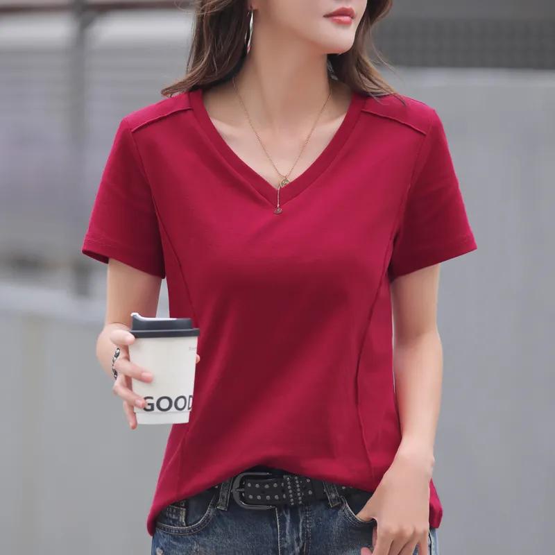 Women Soft White Cotton V Neck T Shirt Short Sleeve Summer Casual Top