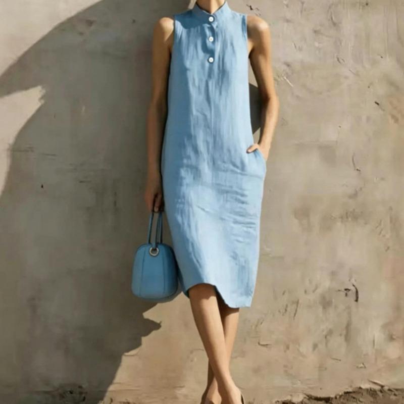 Abito Midi Casual da Spiaggia da Donna, Aderente, Senza Maniche, Colore Unito, Linea A