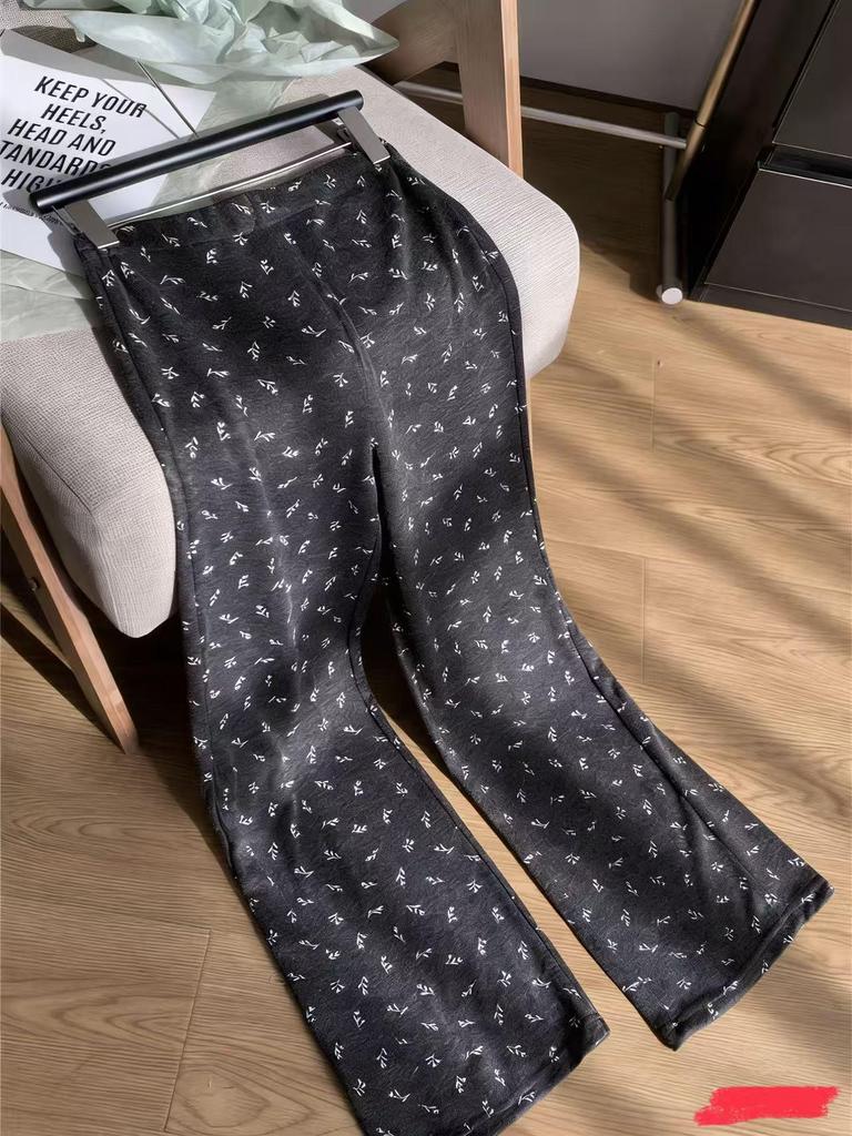 Gray Floral Micro-Flare Women's Pants, Size 26, Thin Style, Elastic High Waist, Korean Age-Reducing, Casual Slim Fit, Spring/Autumn.