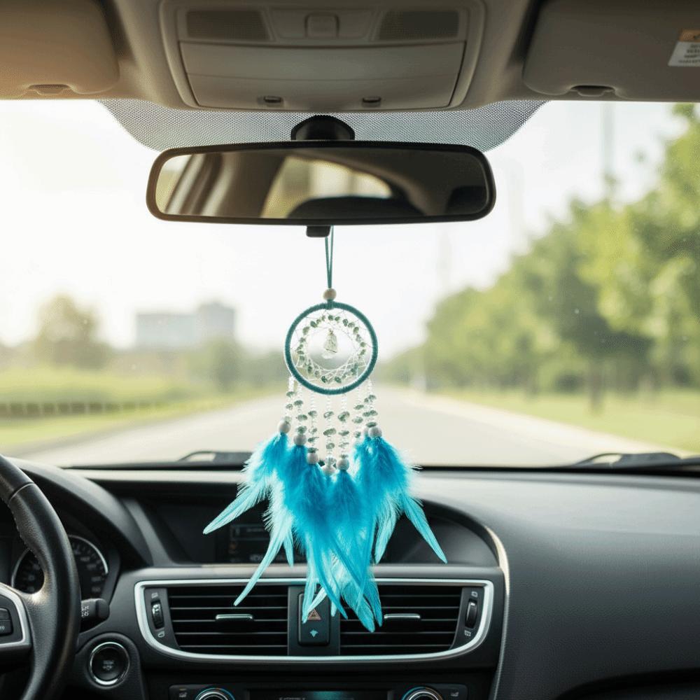 Handmade Dream Catcher Car Pendant Delicate Tassel Exquisite Interior Crystal Stone Car Pendant with Feather Hand Knitting