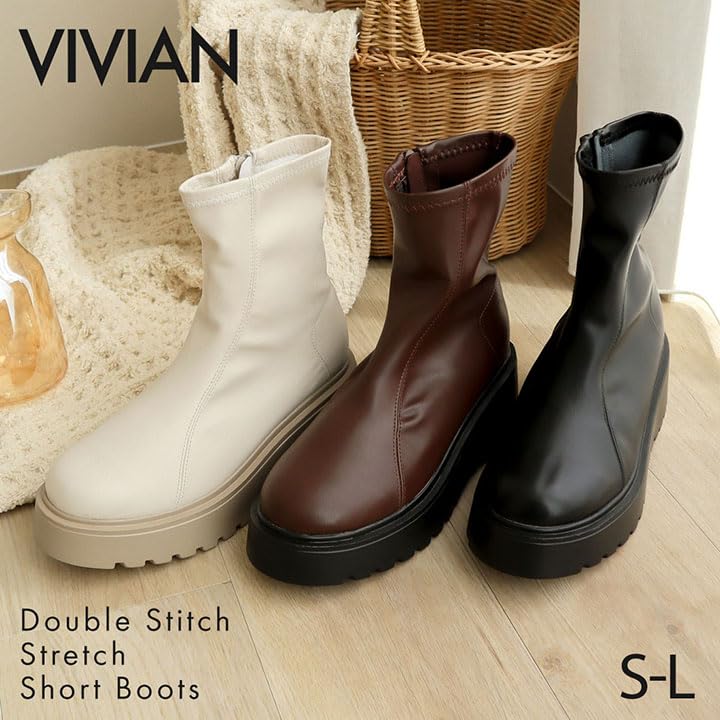 Vivian Tera X Omi Collaboration Short Boots with a Thick, Stretchy Sole, Women's, V6363AW, Dark Brown, Size S (22.0-22.5).