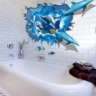 1pc New Aquarium Blue 3D Dolphins Crack Wall Sticker Kids Decal Vinyl Mural Home Art Deco