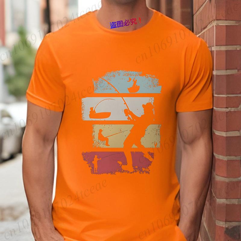 Vintage Fishing Men's T-Shirts Retro Color Block Fisherman Silhouette Graphic Tees Casual Short Sleeve Tops Oversized Clothing