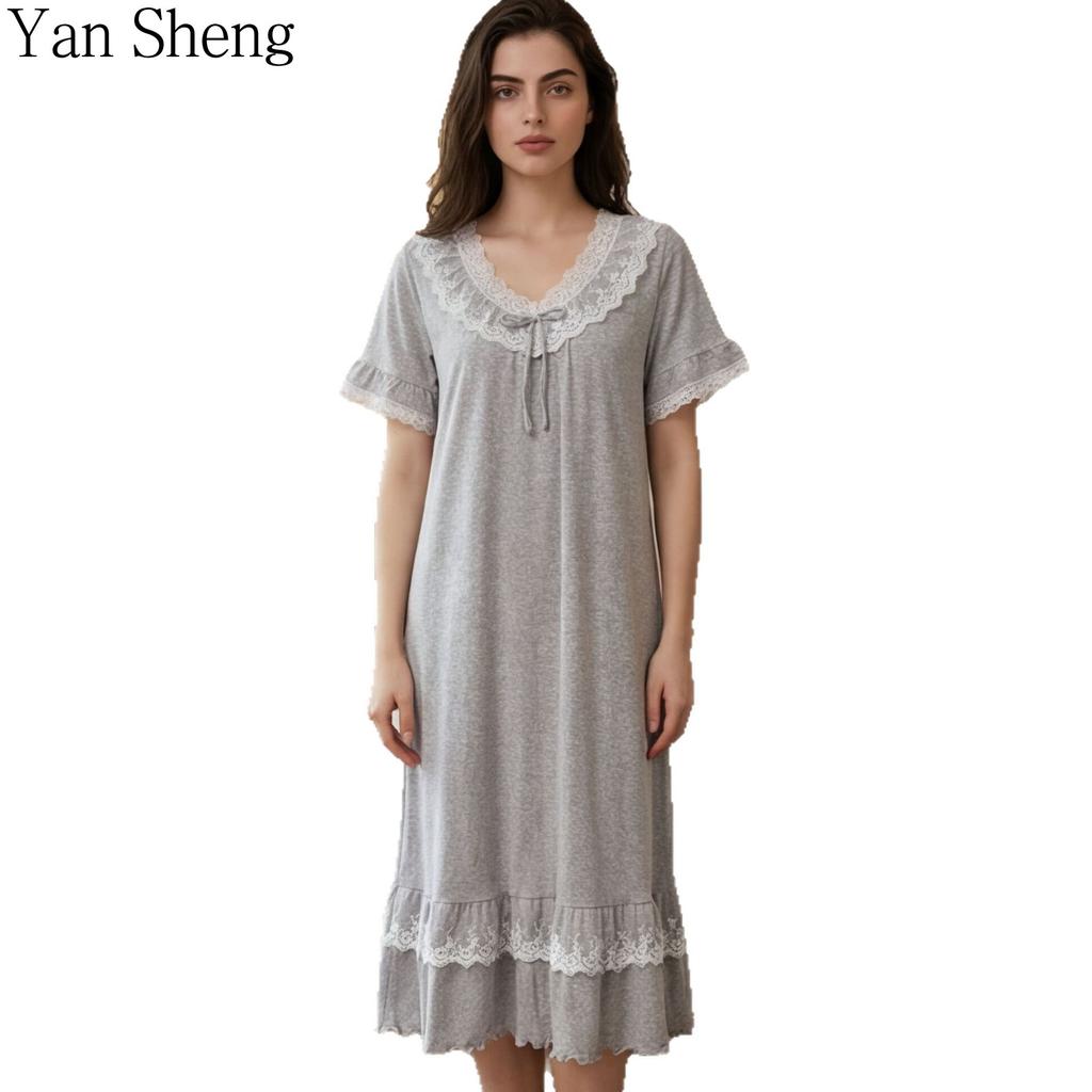 Women Nightgown Knit Sweet Short Sleeve Sleep Dress Wavy Cuff Hem Loose Midi Loungewear For Home Sleepwear