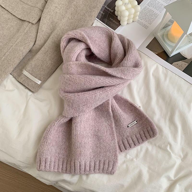 Korean Version Containing Wool Knitted Wool Solid Color Scarf for Women in Winter Thickened and Warm Versatile High End Cold Proof Scarf Trendy