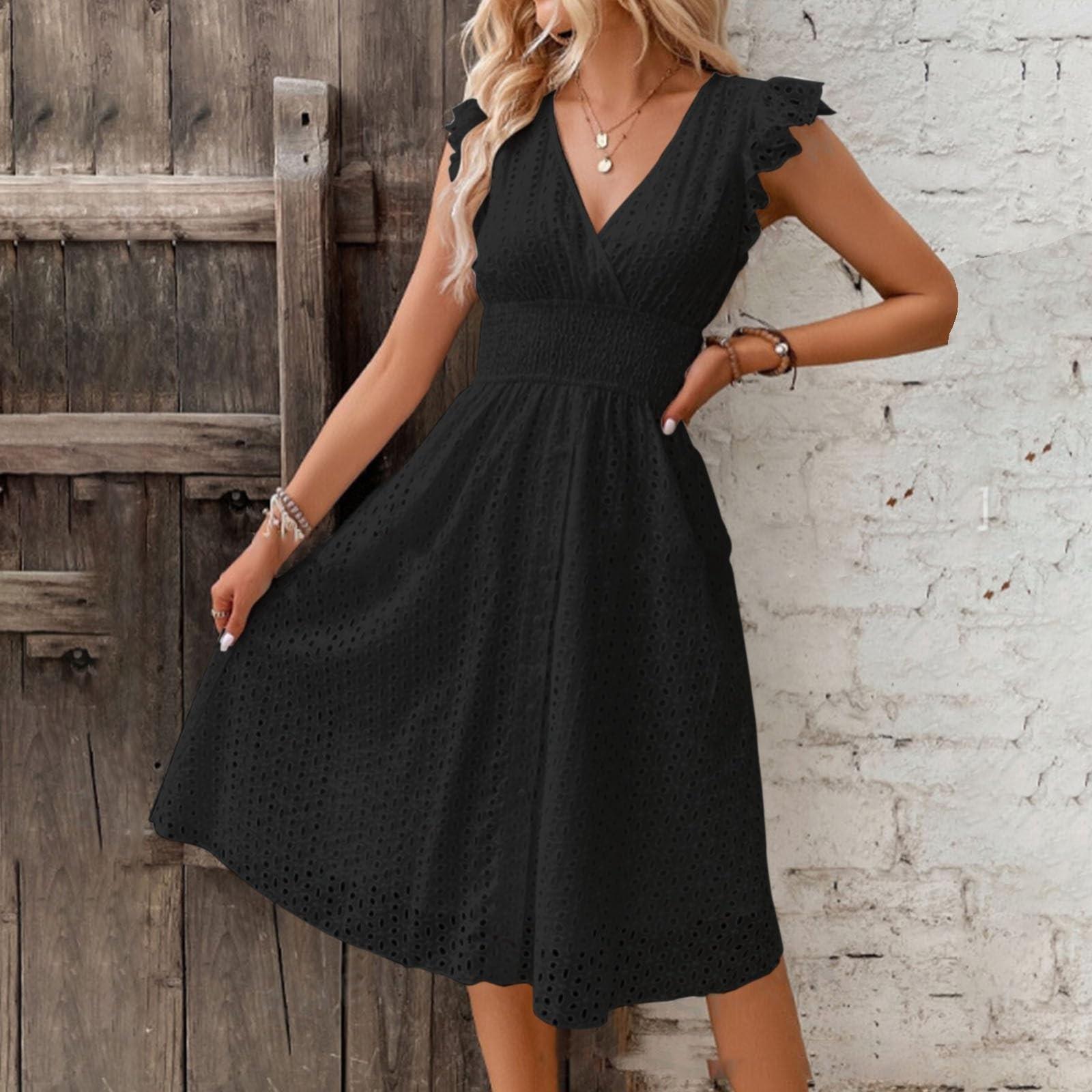 

Женский летний кружевной сарафан с v-образным вырезом и запахом, с рюшами и рукавами в стиле бохо, с цветочным принтом и эластичной резинкой на талии, милые короткие платья S чёрный