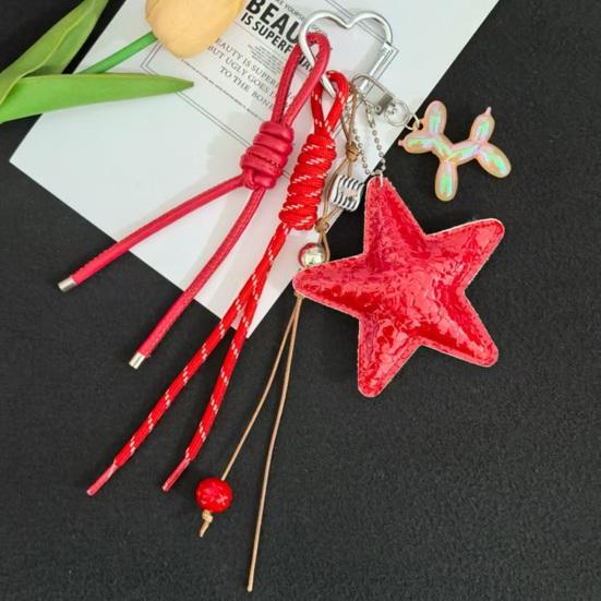 Keychain Pendant Matte-Glossy Finish Imitation Leather Five-Pointed Star Key Chain with Metal Heart Buckle