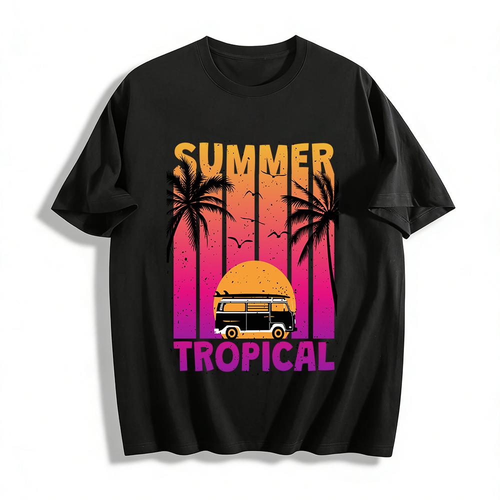 Summer Tropical Palm Tree Surf Bus Graphic Casual Tee Pure cotton T-shirt XXS