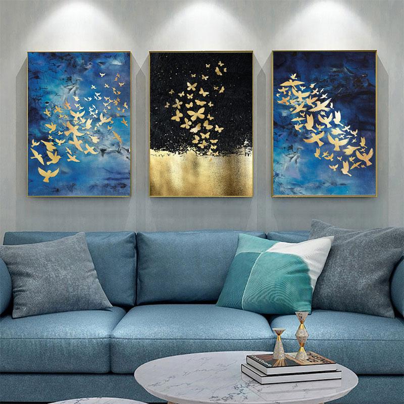 Nordic Style Golden Birds Butterflies Wall Art Posters Abstract Canvas Paintings Pictures for Interior Living Room Home Decor