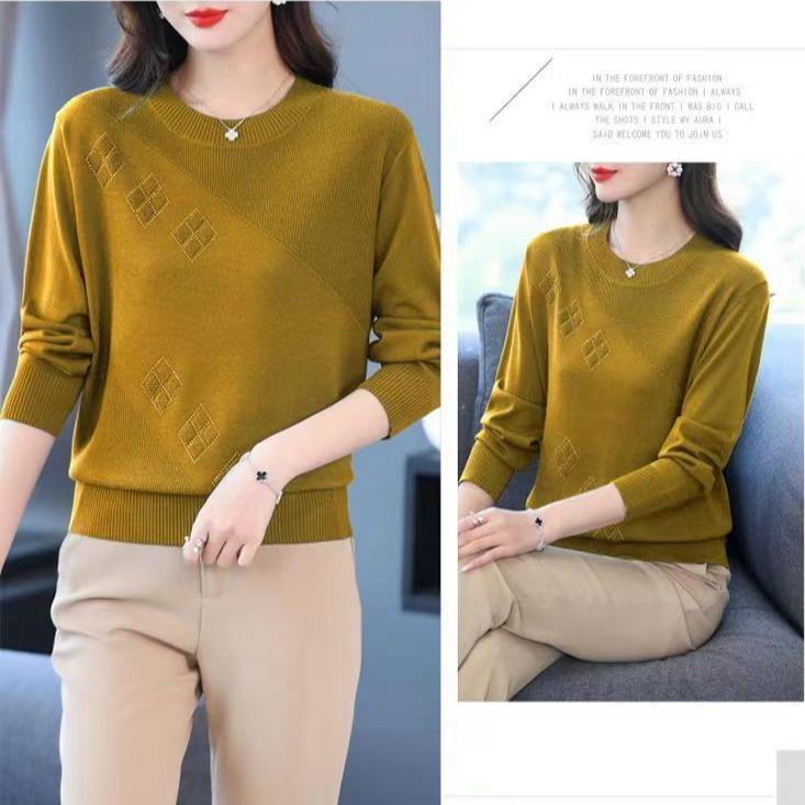 Fall Winter Women's Plus Size Sweater Long Sleeve Loose Crew Neck Knitwear Sweater Rhinestone Pullover Knit Top Stretch Jumper
