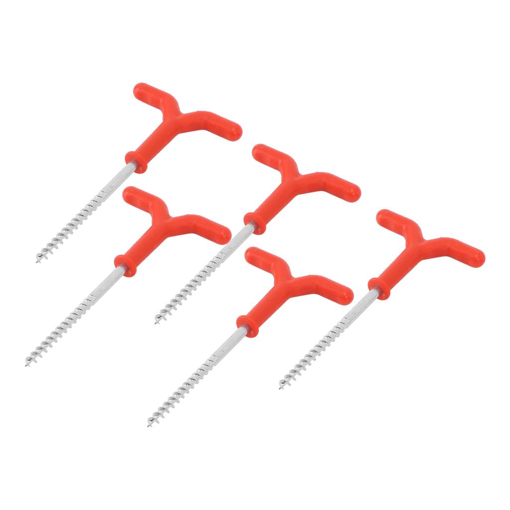 5 Pcs Ice Fishing Tent Pegs, Red Winter Anchors for Camping Shelter, 7.3 Inch Iron Screw Stakes with ABS Handle - High Visibility Ground Nail